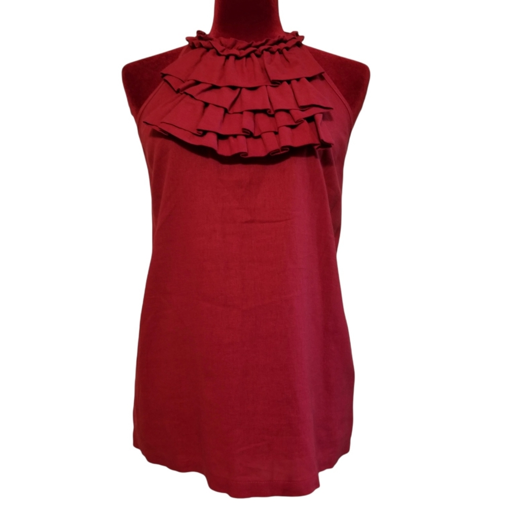 David Brooks sleeveless top with ruffles on chest